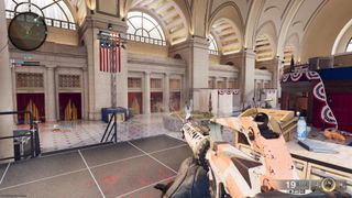  Black Ops 6 multiplayer screenshot showing a shootout in a wide open hall.