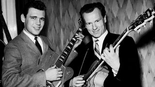 Duane Eddy (with Gretsch guitar) and Bert Weedon - posed, 1960