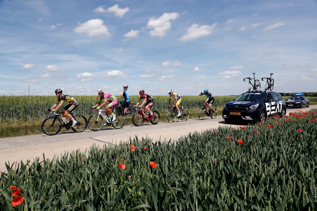 SCHERPENHEUVELZICHEM BELGIUM JUNE 11 Andreas Goeman of Belgium and Team Tarteletto Isorex Mirco Maestri of Italy and Team Bardiani CSF Faizane Laurens Sweeck of Belgium and Team Pauwels Sauzen Bingoal Cedric Beullens of Belgium and Team Sport Vlaanderen Baloise Jan Willem Van Schip of Netherlands and Team Beat Cycling Club in the Breakaway during the 90th Baloise Belgium Tour 2021 Stage 3 a 1744km stage from Gingelom to ScherpenheuvelZichem baloisebelgiumtour on June 11 2021 in ScherpenheuvelZichem Belgium Photo by Bas CzerwinskiGetty Images