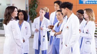 Some of the cast of Grey's Anatomy gather for a briefing in season 20