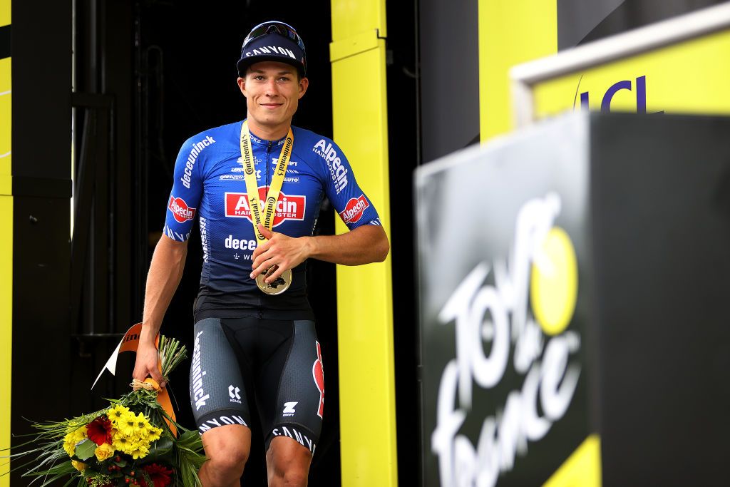MOULINS FRANCE JULY 12 Jasper Philipsen of Belgium and Team AlpecinDeceuninck celebrates at podium as stage winner during the stage eleven of the 110th Tour de France 2023 a 1798km from ClermontFerrand to Moulins UCIWT on July 12 2023 in Moulins France Photo by Michael SteeleGetty Images