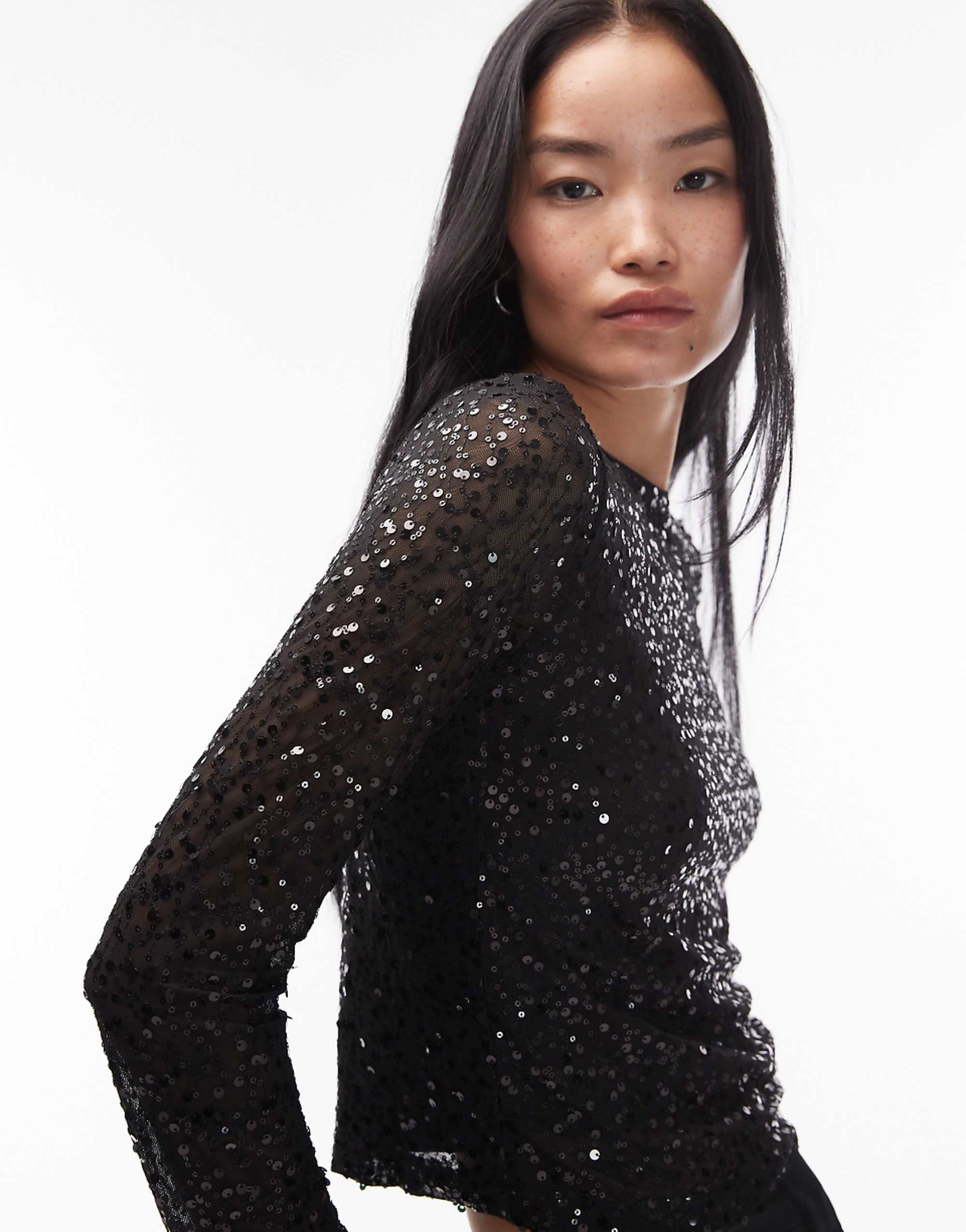 Asos Design Wiggle Sequin Sheer Mesh Long Sleeve Top in Black