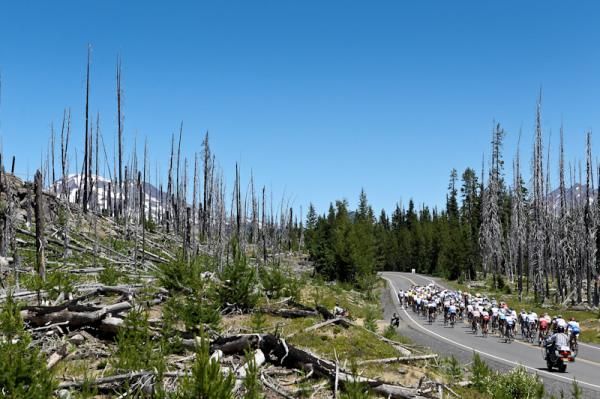 The peloton rides through an old forest fire area and towards Bachelor
