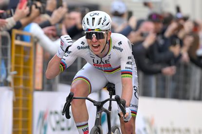 SANREMO, ITALY - MARCH 21: Tadej Pogacar of Slovenia and UAE Team Emirates - XRG celebrates at finish line as race winner during the 117th Milano-Sanremo 2026, Men's Elite a 298km one day race from Pavia to Sanremo / #UCIWT / on March 21, 2026 in Sanremo, Italy. (Photo by Tim de Waele/Getty Images)