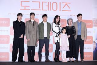 Actors Tang Jun-Sang, Lee Hyun-Woo, Chung Sung-Hwa, Yoon Chae-Na, Yunjin Kim aka Yoon-Jin Kim, Yoon Yeo-Jeong aka Youn Yuh-Jung and Yu Hae-Jin attend the 'Dog Days' press screening