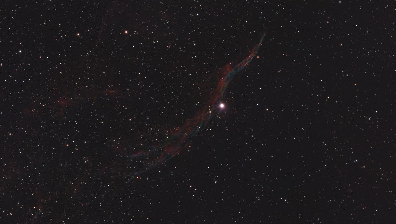 A photograph of the West Veil Nebula, taken with the Dwarf III smart telescope, processed in Pixinsight