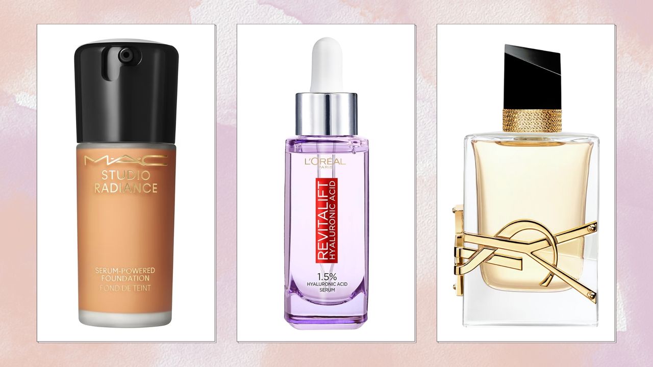 Collage of editor-approved beauty products (L-R) MAC Studio Radiance Serum Foundation, L&#039;Oréal Paris Revitalift Serum and YSL Libre perfume, on a pink watercolour background