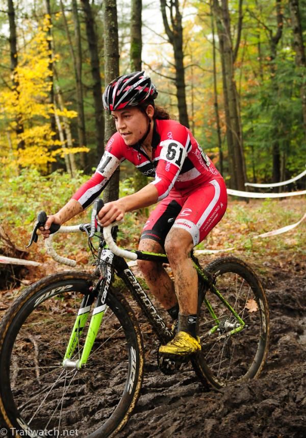 Crystal Anthony (Cyclocrossworld.com) using her mountain biking skills in the woods.