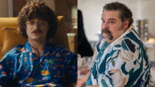 From left to right: Daniel Radcliffe as Weird Al in Weird: The Al Yankovic Story and Bobby Moynihan as Rusty in The Fall and Rise of Reggie Dinkins.