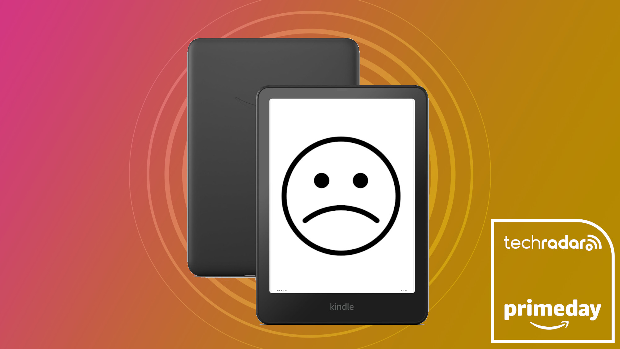 An Amazon Kindle with a sad face drawn on the screen