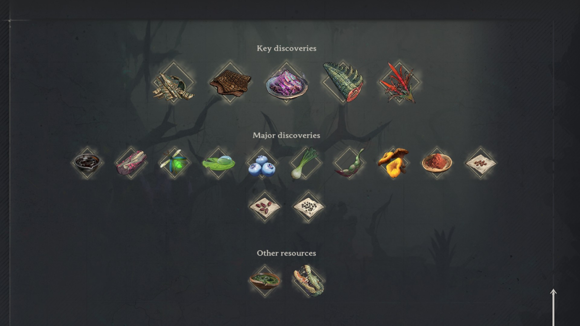 Windrose Discovery menu showing every item from the Cursed Swamps