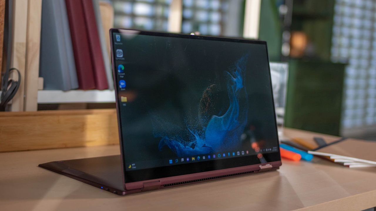 A photograph of the Samsung Galaxy Book2 Pro 360 on a table