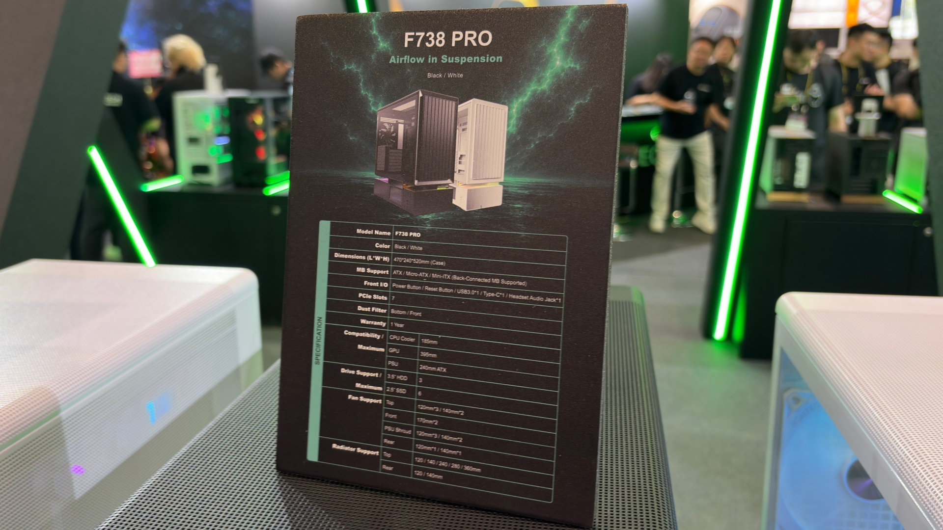 A photo of a specifications chart for the Montech F738 Pro PC case, as displayed at Computex 2026