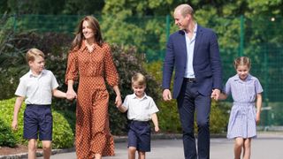 Prince George, Charlotte and Louis arrive for a settling in afternoon at Lambrook School accompanied by Prince William and the Princess of Wales