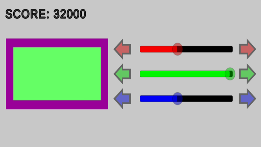 Screenshot from a mobile game where players have to use sliders to select the right RGB values to create a specific colour