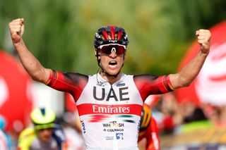 SANOK POLAND AUGUST 02 Pascal Ackermann of Germany and UAE Team Emirates celebrates winning during the 79th Tour de Pologne 2022 Stage 4 a 1794km stage from Lesko to Sanok TdP22 WorldTour on August 02 2022 in Sanok Poland Photo by Bas CzerwinskiGetty Images