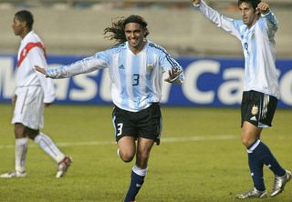 Juan Pablo Sorin celebrates a goal for Argentina against Peru in a World Cup qualifier in September 2004.