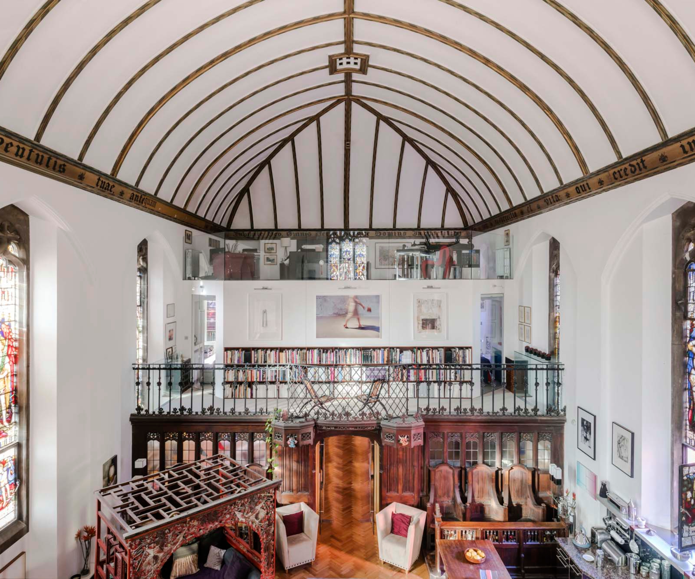 internal view of converted chapel with barrel vaulted ceilings