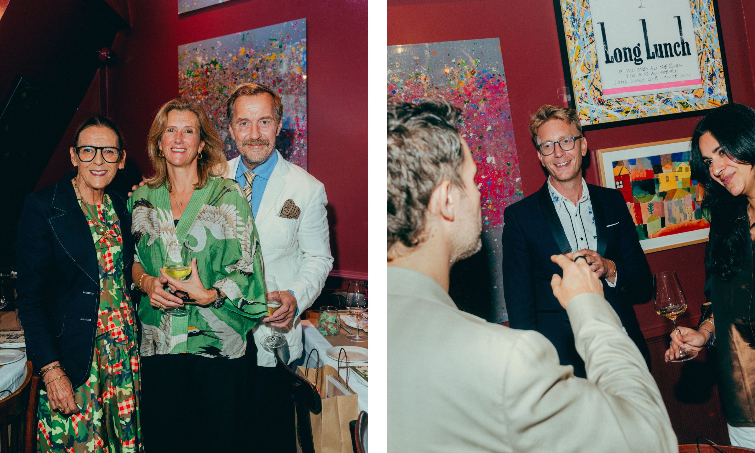 two shots next to each other. On the left, three people look to camera, including Joa Studholme. On the right, Pip Rich talks to Anahita Rigby