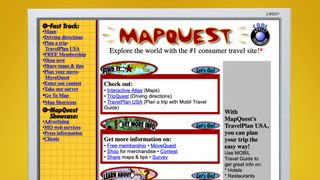 A monitor on a yellow background showing the MapQuest site