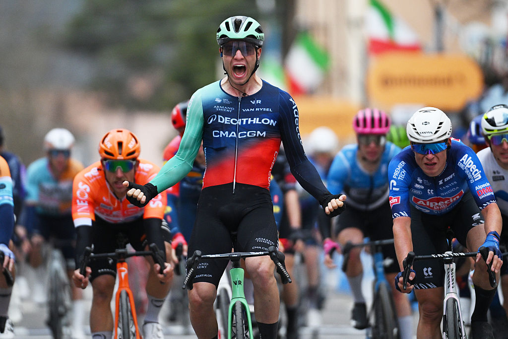 MAGLIANO DE&amp;amp;apos; MARSI, ITALY - MARCH 11: Tobias Lund Andresen of Denmark and Team Decathlon CMA CGM celebrates at finish line as stage winner during the 61st Tirreno-Adriatico 2026, Stage 3 a 221km stage from Cortona to Magliano de&amp;amp;apos; Marsi 332m / #UCIWT / on March 11, 2026 in Magliano de&amp;amp;apos; Marsi, Italy. (Photo by Tim de Waele/Getty Images)