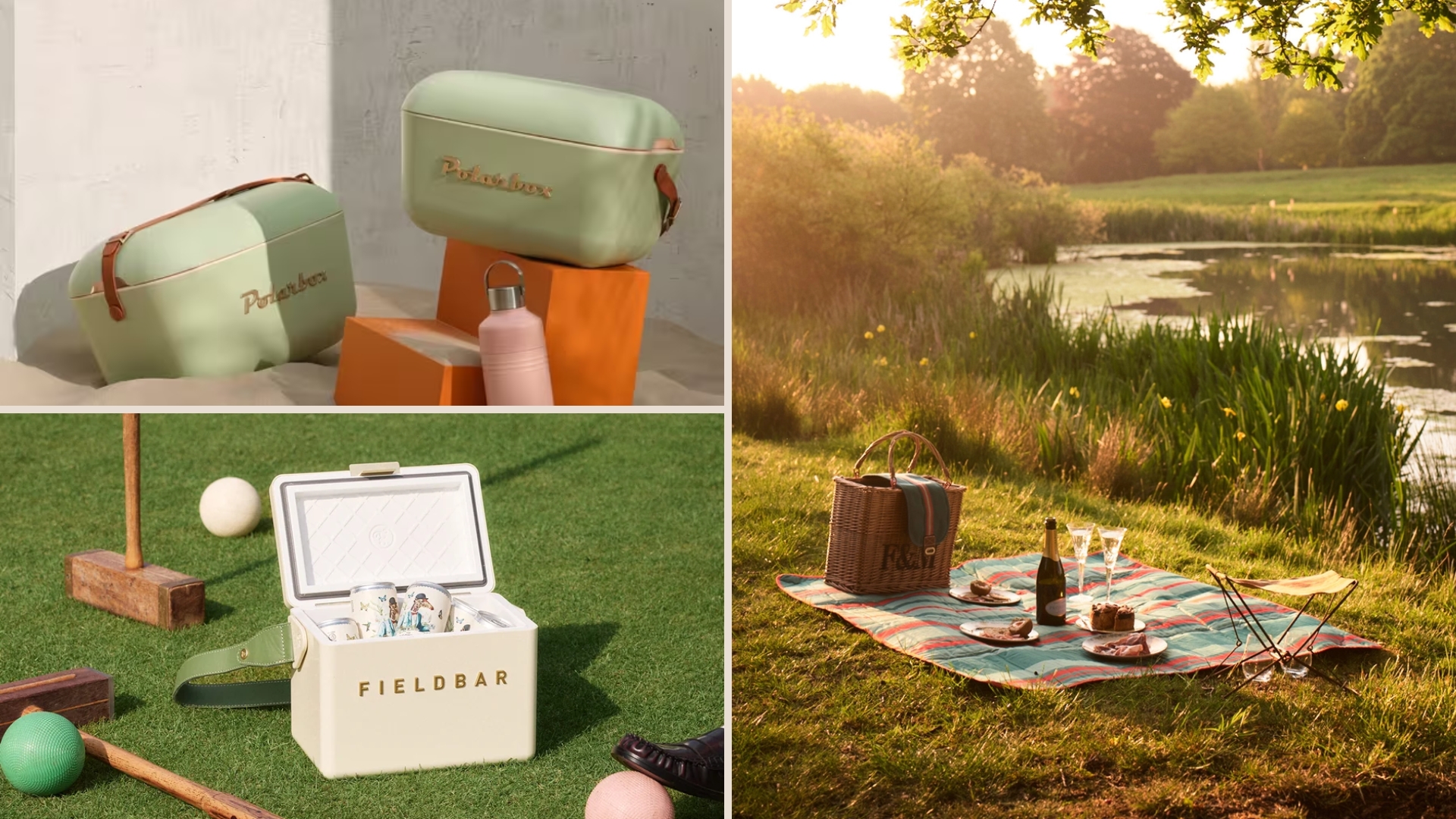 Images of our favourite cool boxes from Fortnum &amp; Mason, John Lewis, and The Uncommon in different scenarios on grass, sand, and a croquet lawn