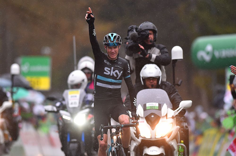 Chris Froome celebrates winning stage 4 at the Tour de Romandie
