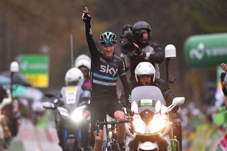 Chris Froome celebrates winning stage 4 at the Tour de Romandie