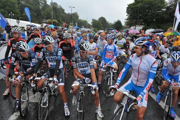 Riders gather before the start of the Tour of Britain.