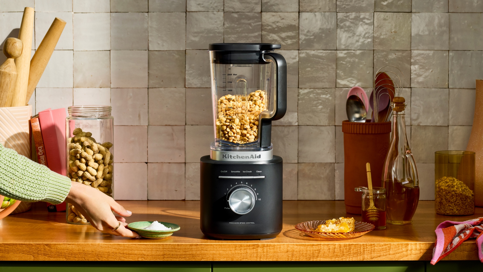 The KitchenAid Pure Power Blender sits on a kitchen countertop