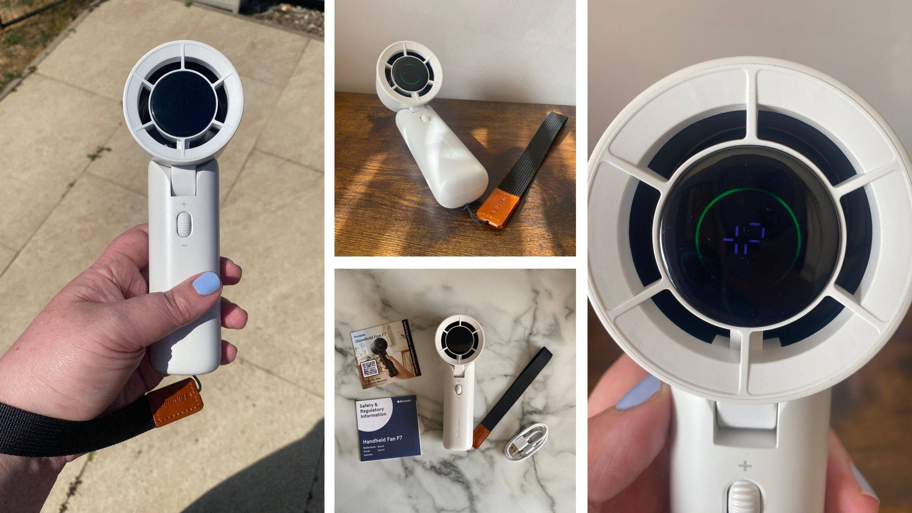 Spliced image showing the review process of the Blueair AlwaysCool Portable Handheld Fan