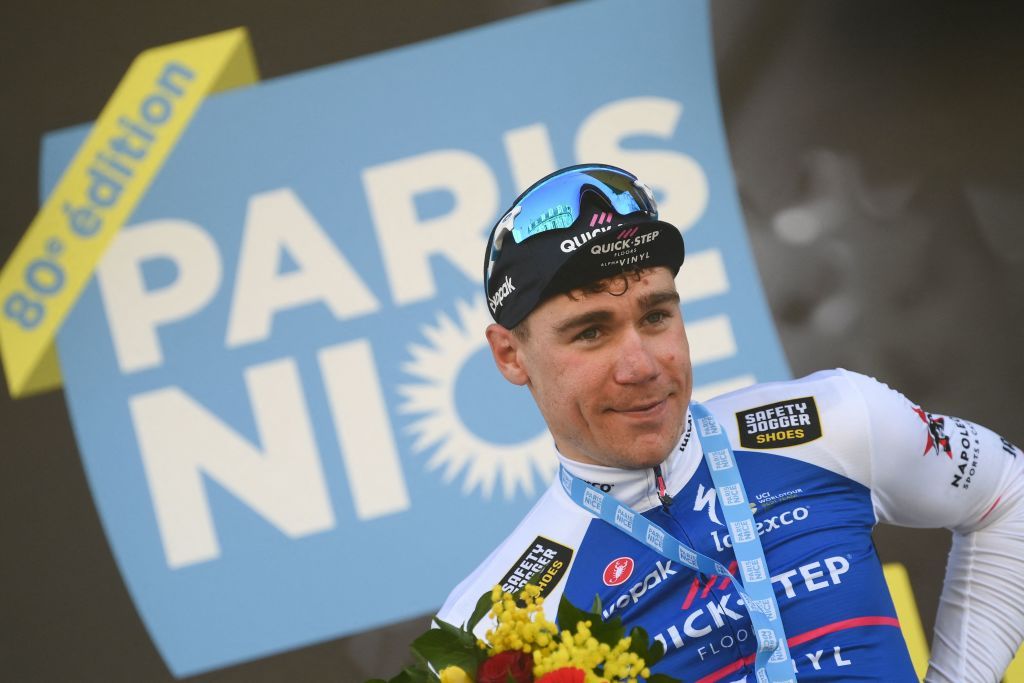 Stage winner QuickStep Alpha Vinyl Teams Dutch rider Fabio Jakobsen celebrates on the podium after winning the 2nd stage of the 80th edition of the Paris Nice cycling race 1595 km between Auffargis and Orleans on March 7 2022 Photo by FRANCK FIFE AFP Photo by FRANCK FIFEAFP via Getty Images