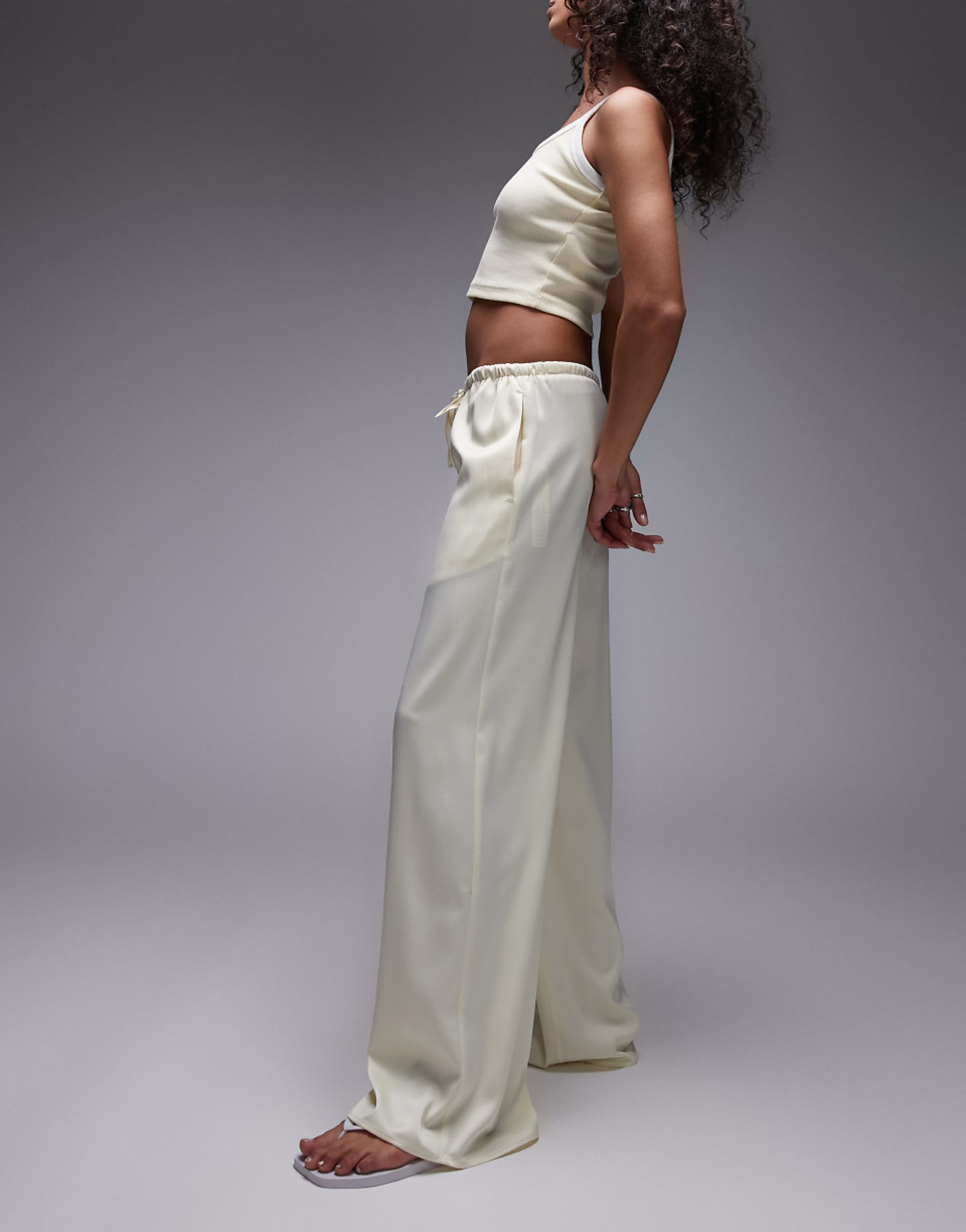 Topshop Satin Tie Waist Wide Leg Trouser in Buttermilk