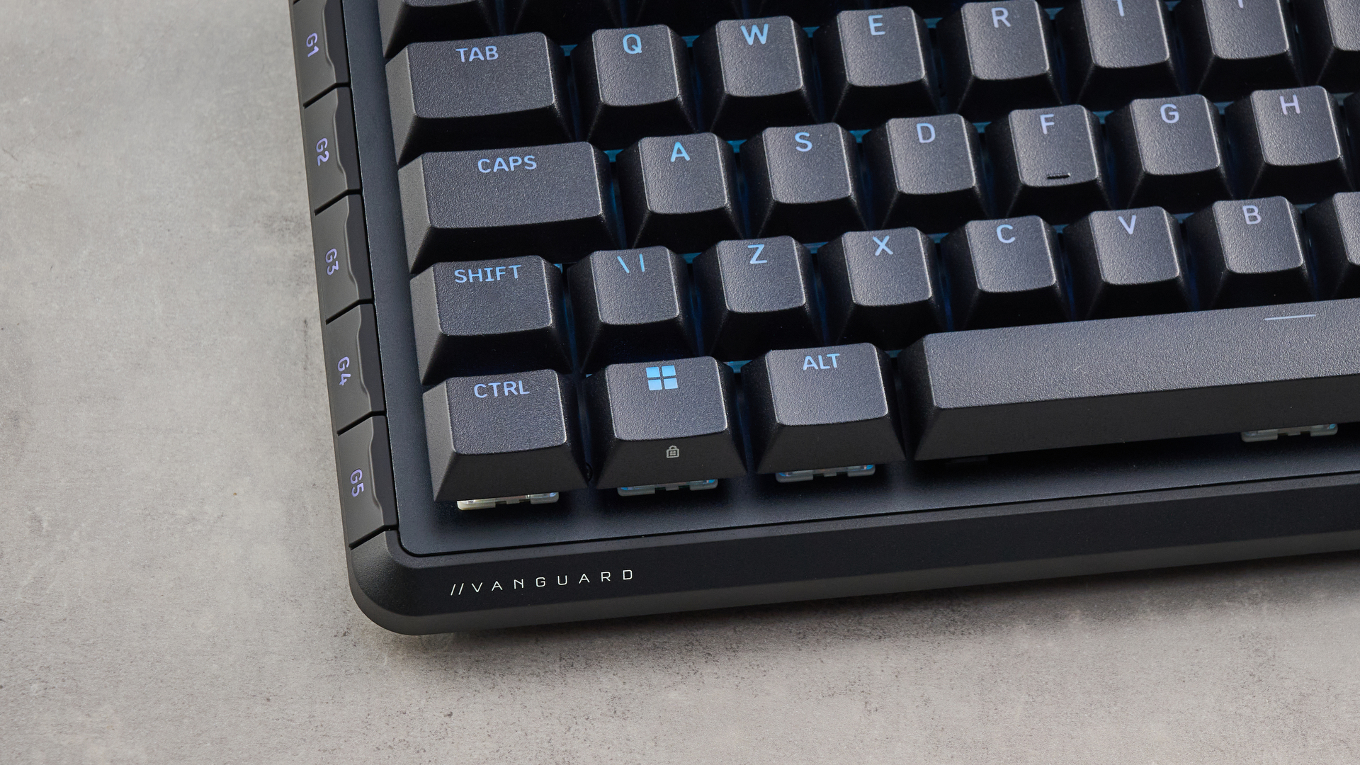 The Corsair Vanguard Pro 96 in black, on a stone surface