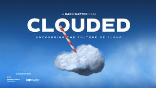 The title card for clouded, a Dark Matter film in association with Hewlett Packard Enterprise and VMware, showing a cloud with a red and white striped drinking straw coming out of it