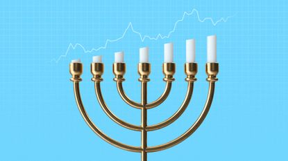 Illustration of a menorah with the candles cut into a bar chart showing rising antisemitism