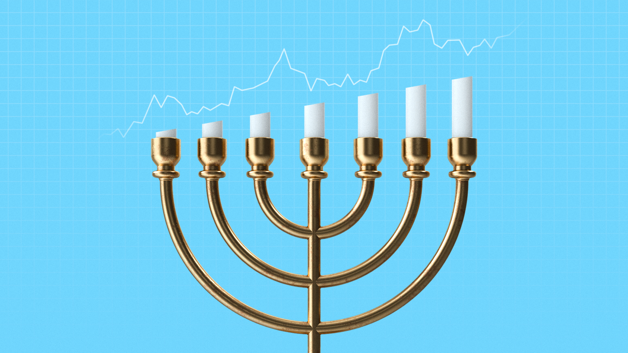 Illustration of a menorah with the candles cut into a bar chart showing rising antisemitism