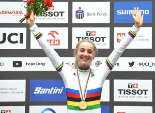 Britain's Elinor Barker celebrates on the podium after winning the women' scratch competition of the UCI Track Cycling World Championships