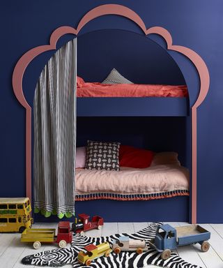 Bunk bedroom ideas: Kids Bedroom Bunk Bed In Napeolonic Blue And Scandinavian Pink With Ticking And Linen Union Curtains by Annie Sloan