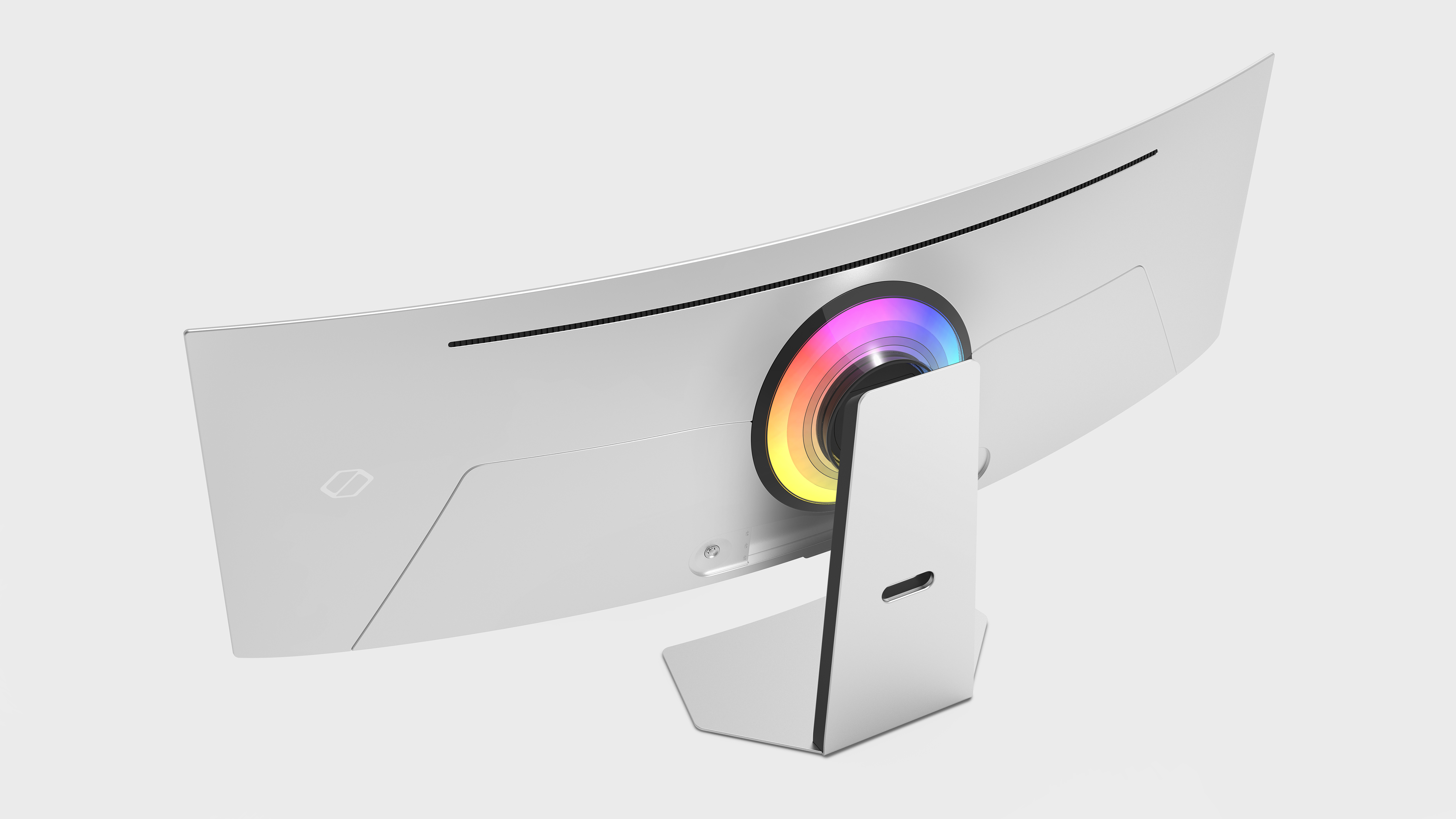Et promobillede af den buede Samsung Odyssey OLED G9-skærm vist bagfra mod en hvid baggrund