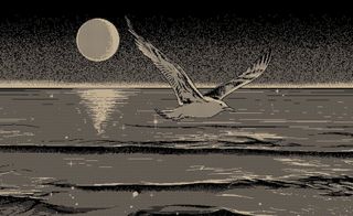 Black, grey and white image of the ocean with a bird flying over and moon in the sky