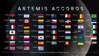 graphic showing 45 small flags beneath the words "artemis accords," with the moon in the background