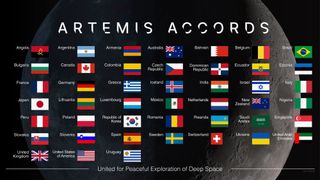 graphic showing 45 small flags beneath the words "artemis accords," with the moon in the background