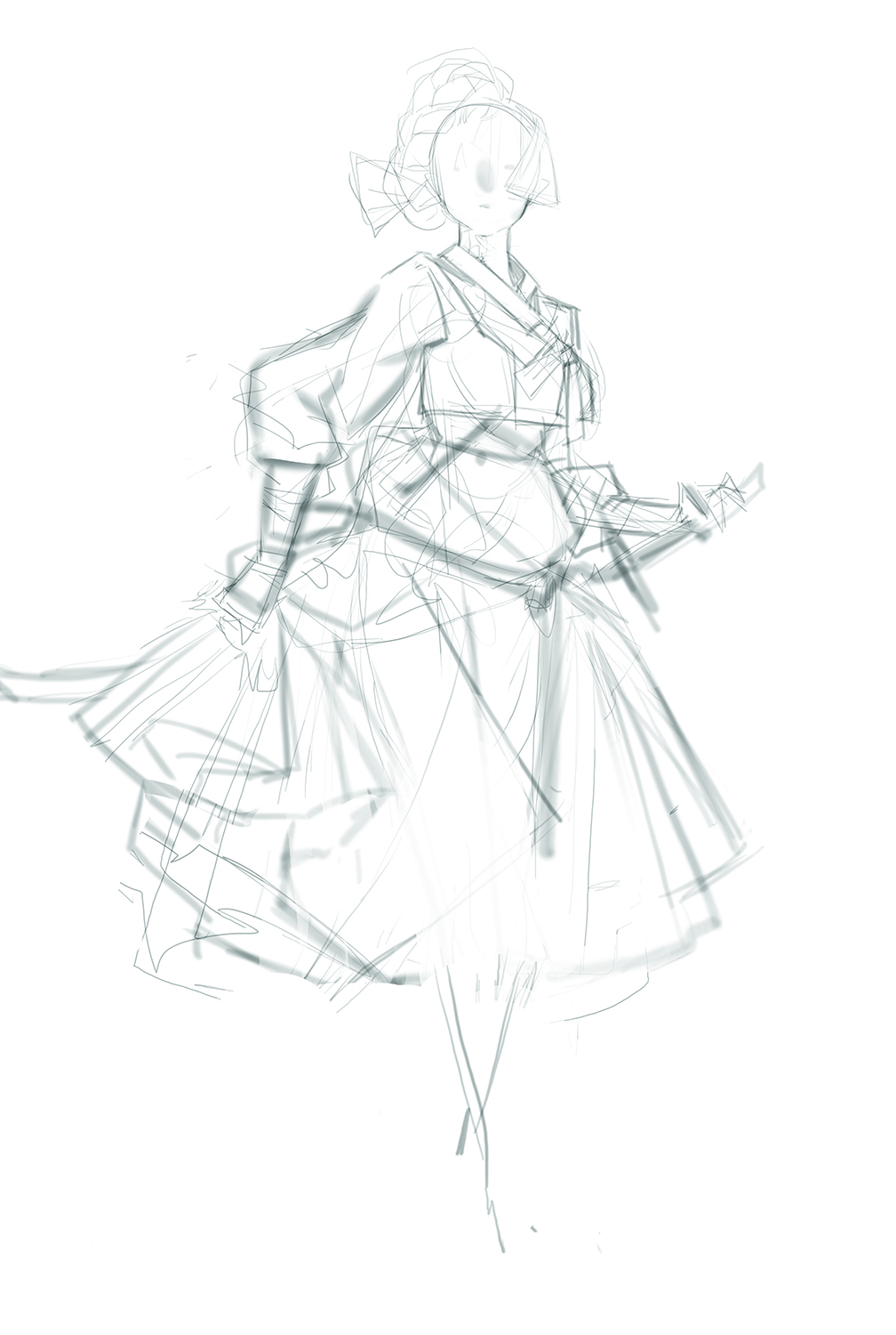 A rough sketch of a woman dressed in traditional Korean costume