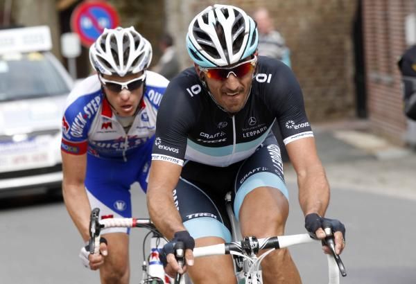 Tour of Flanders: Fabian Cancellara leads Sylvain Chavanel in their two-up break.