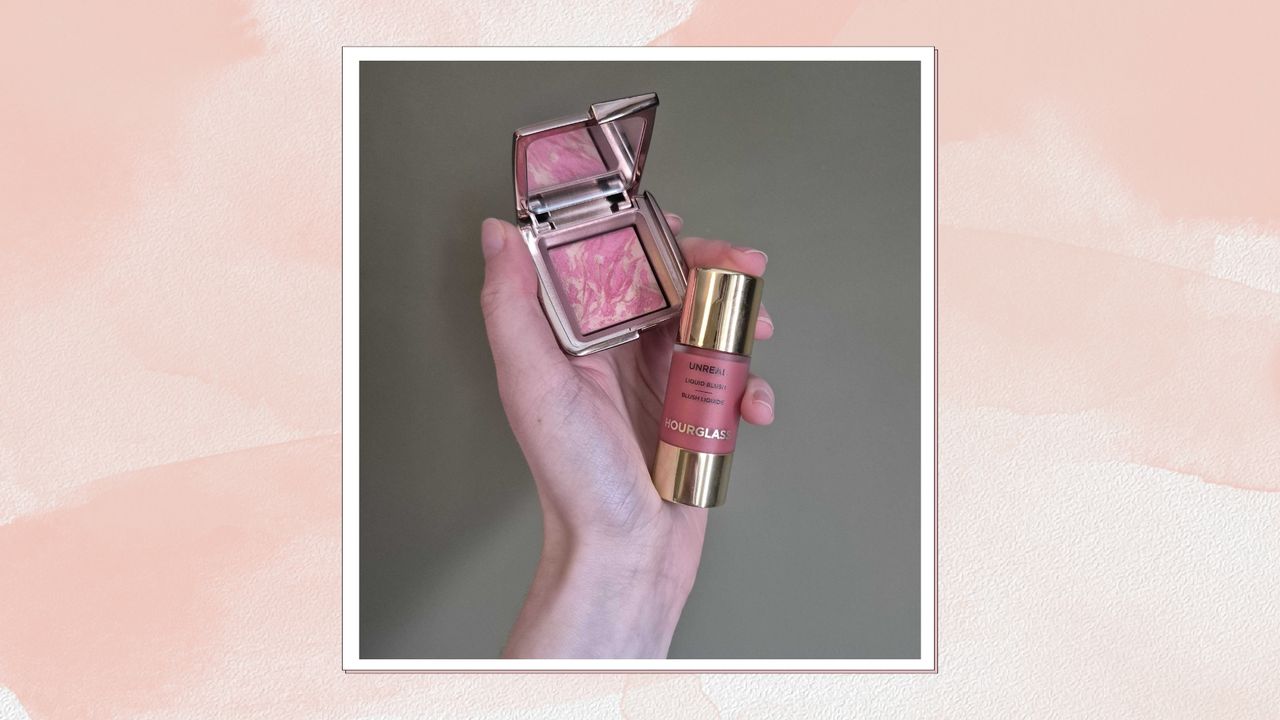 A close-up of Digital Beauty Writer, Naomi Jamieson holding the Hourglass Unreal Liquid Blush and Hourglass Ambient Lighting Blush palette in her hand, in front of a dark green backdrop/ and in a pink watercolour paint-style template