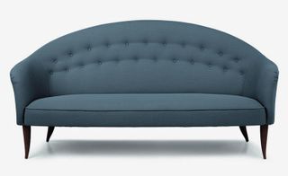 'Paradiset' sofa by Kerstin Hörlin-Holmquist for Gubi. Large green round backed sofa with wooden legs.