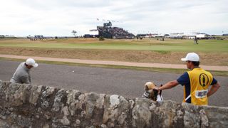 Rory McIlroy of Northern Ireland plays a shot from the road on the 17th hole during Day Three of The 150th Open at St Andrews Old Course