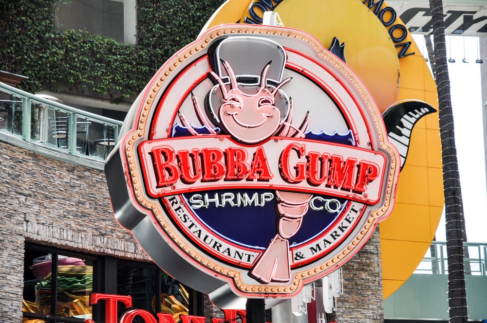 The sign outside a Bubba Gump Shrimp Co. restaurant at the Universal Studios Hollywood theme park in Universal City, California.