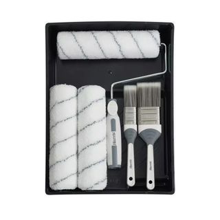 Black tray and white paintbrushes in Harris Seriously Good 7 PC Walls and Ceilings Decorating Kit